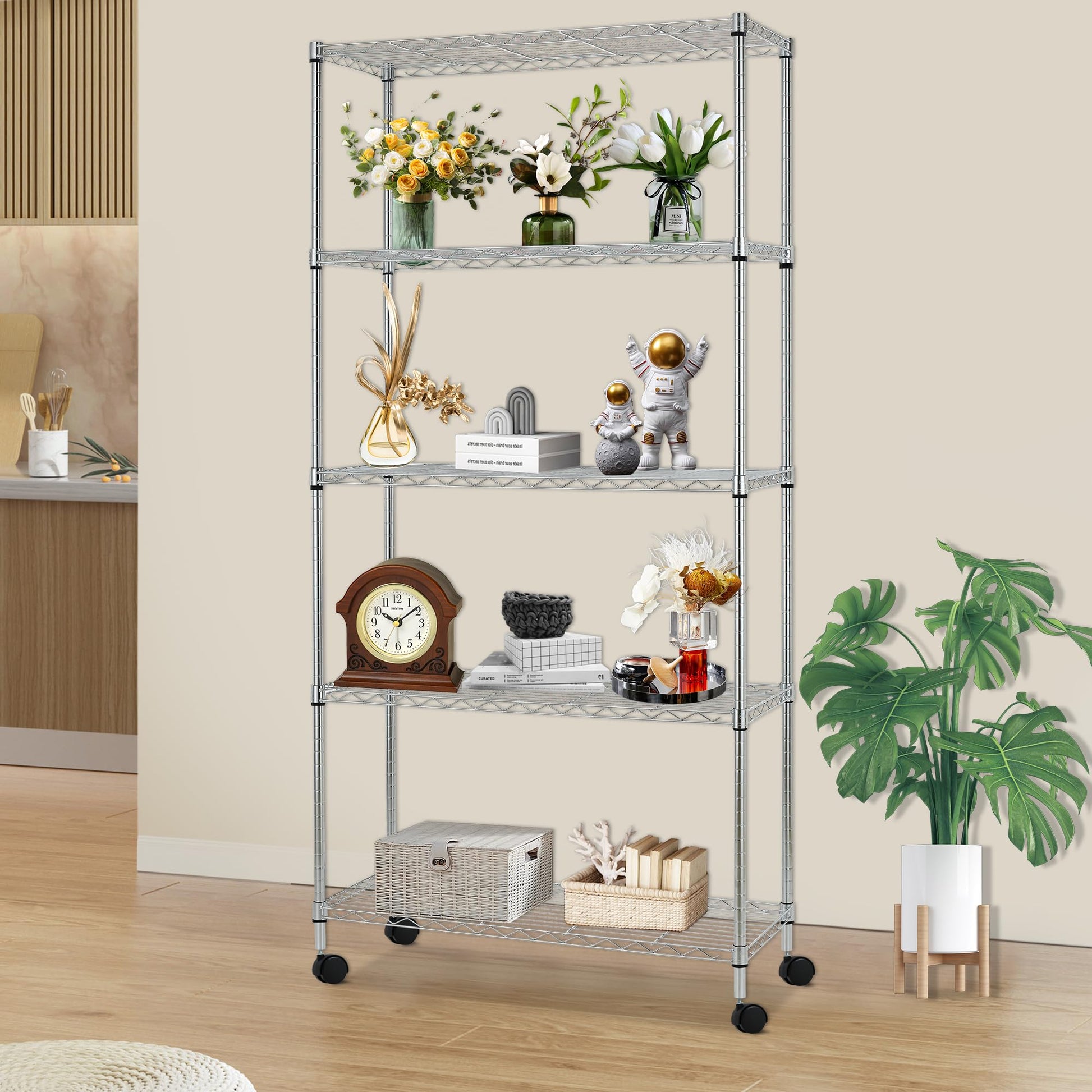 FDW | 5-Tier Wire Storage Shelves with Wheels | 30"x14"x61" | Chrome | Adjustable Racks |