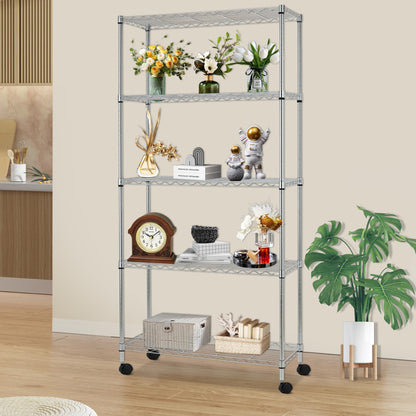 FDW | 5-Tier Wire Storage Shelves with Wheels | 30"x14"x61" | Chrome | Adjustable Racks |