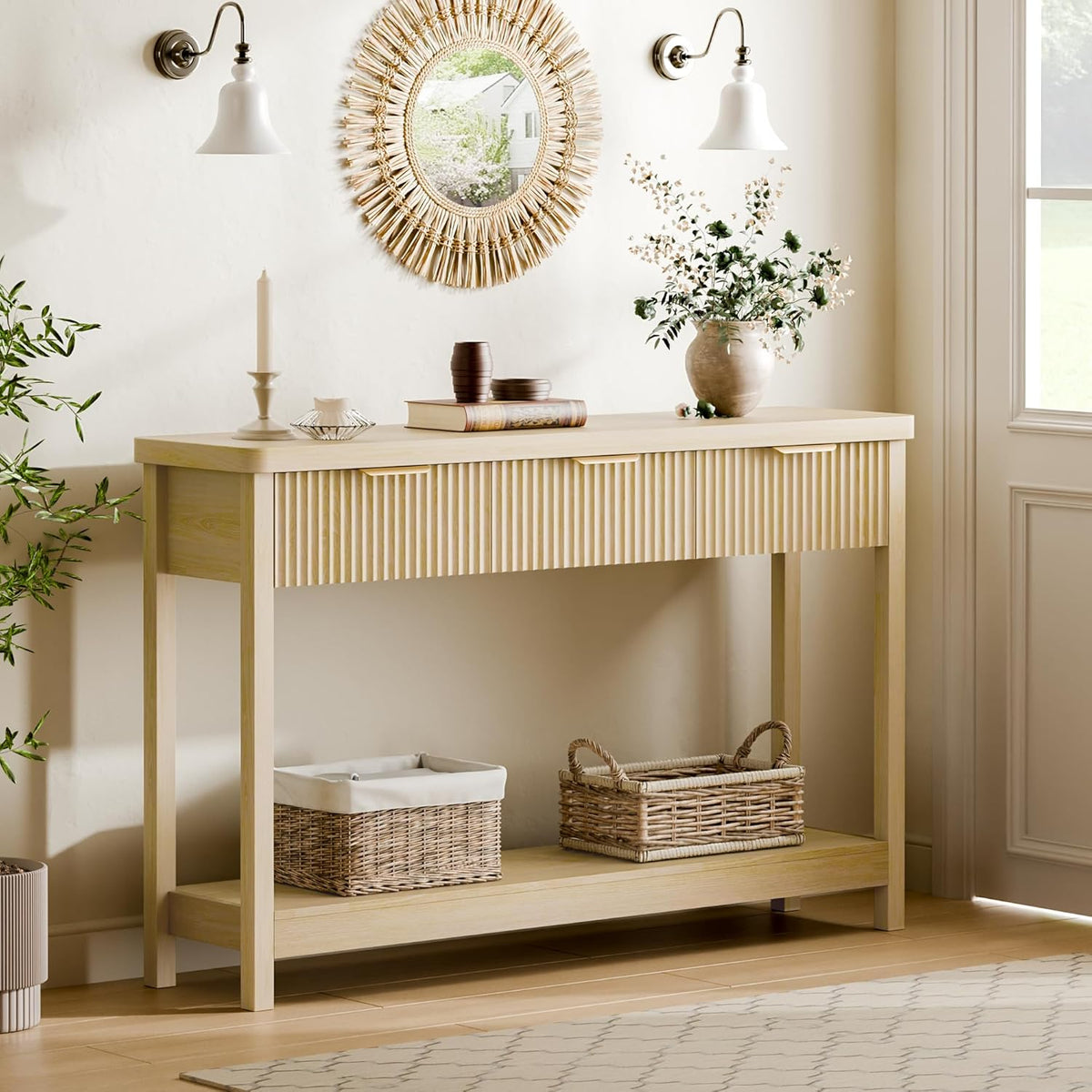 Lulive 51" Fluted Console Table for Entryway, Entryway Table with 3 Wooden Drawers, Farmhouse