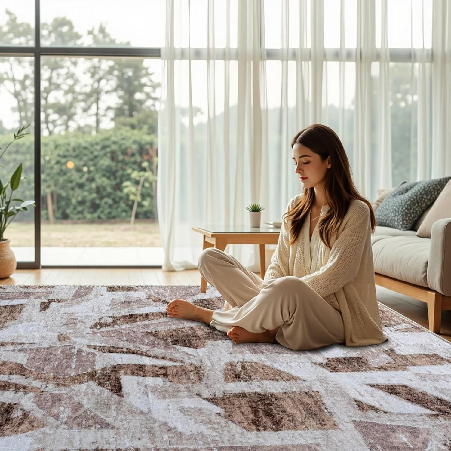 Modern Abstract 5X7 Area Rug for Living Room Bedroom Washable, with Non-Slip Rubber Backing Print