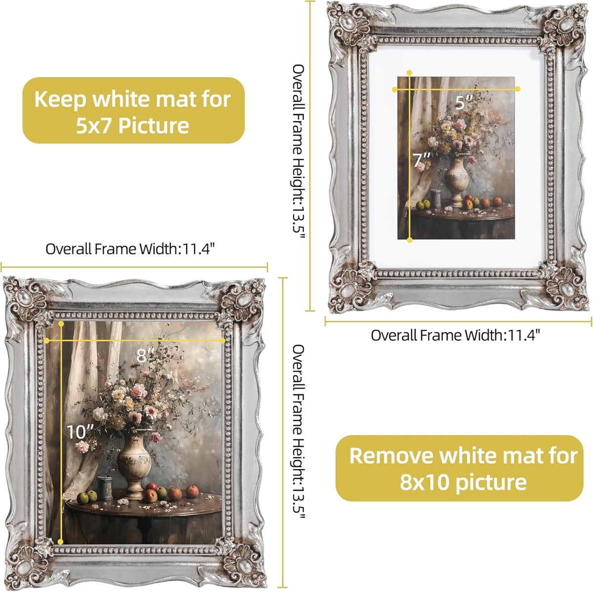 8x10 Vintage Picture Frame with Embossed Flower Design, Silver Ornate Frame for 8x10 or 5x7
