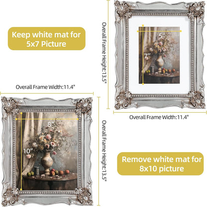 8x10 Vintage Picture Frame with Embossed Flower Design, Silver Ornate Frame for 8x10 or 5x7