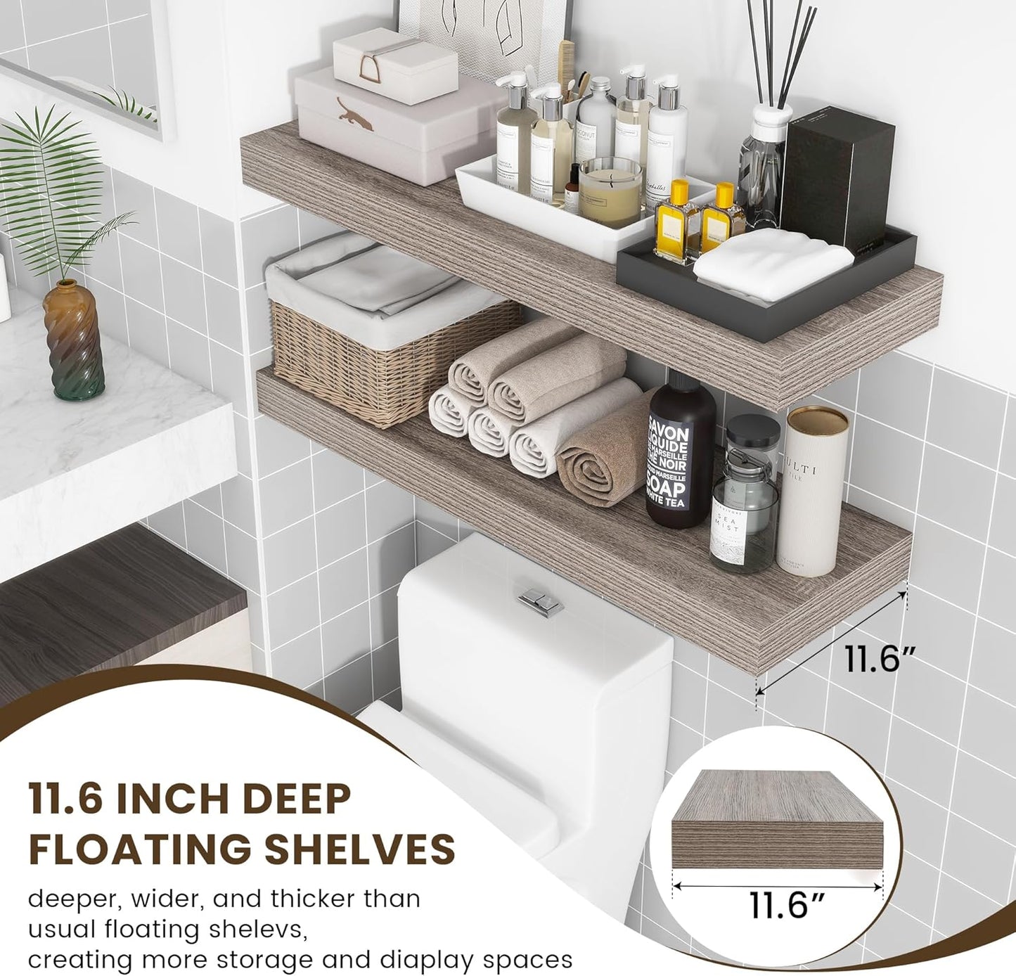 Deep Floating Shelves for Wall, 36W x 12D Rustic Large Floating Shelves Set of 2, 12'' Deep Grey