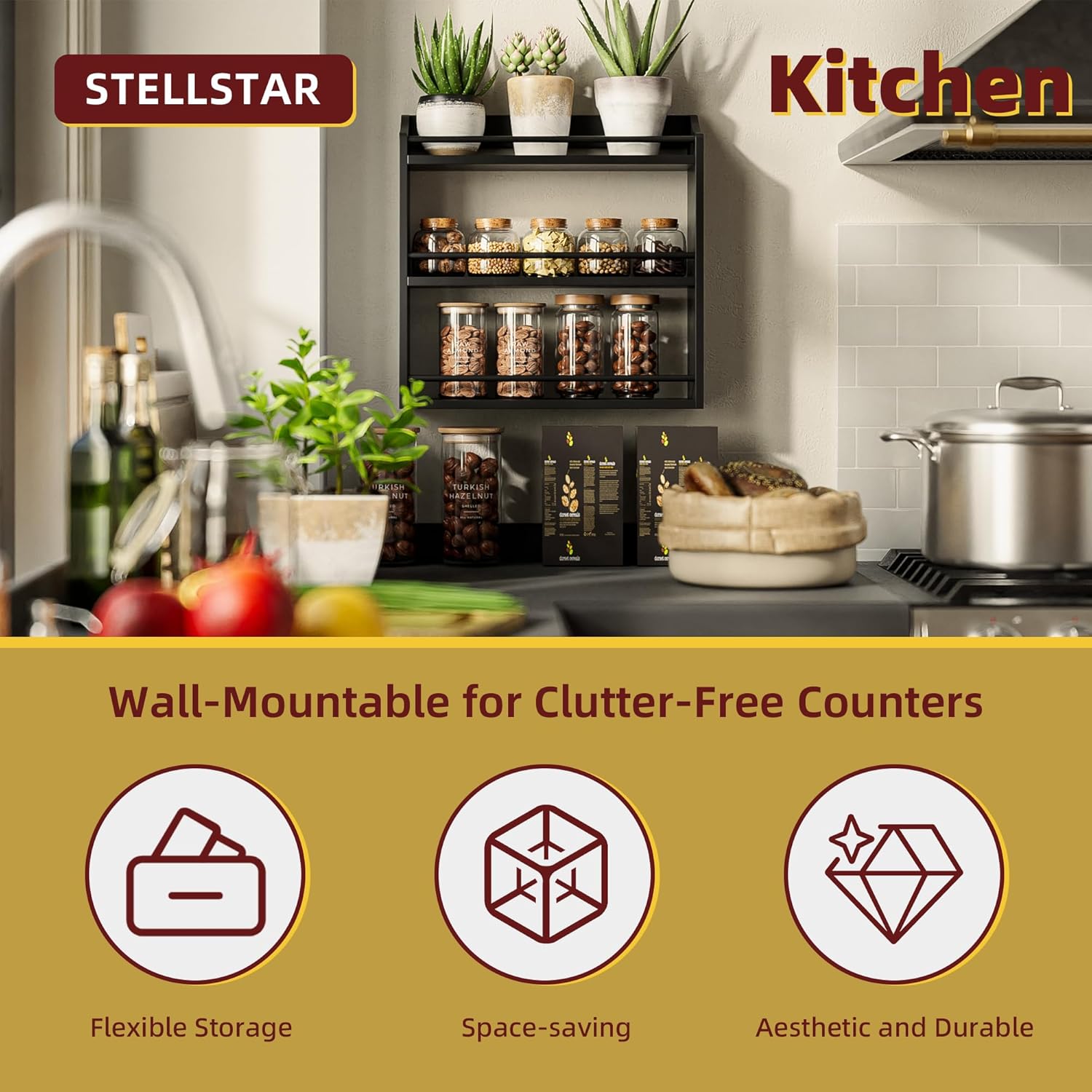 Bamboo Spice Rack Wall Mount or Tabletop Holder, 3-Tier Shelf for Seasoning Bottles Organizer