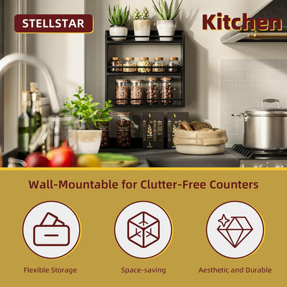 Bamboo Spice Rack Wall Mount or Tabletop Holder, 3-Tier Shelf for Seasoning Bottles Organizer