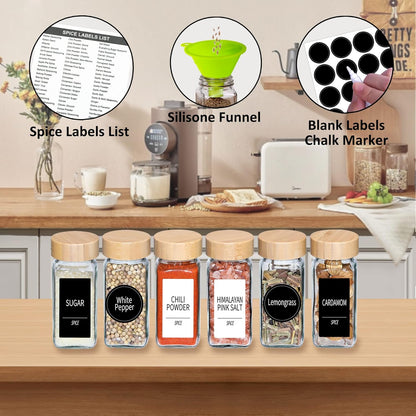 Churboro 36 Spice Jars with Labels- Spice Jars with Bamboo Lids - 4 Oz Glass Spice Containers with