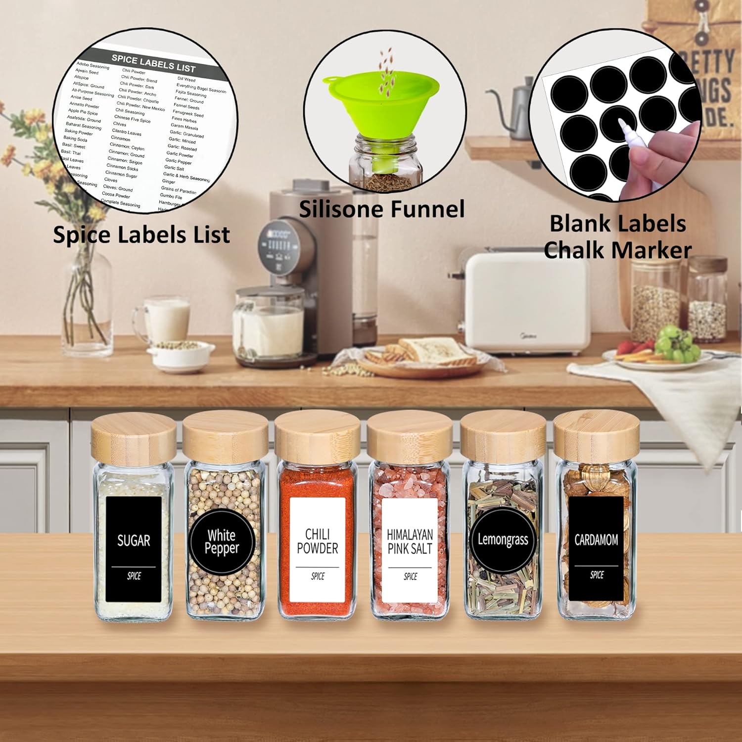 Churboro 24 Spice Jars with Labels & Bamboo Lids - 4 Oz Glass Containers with Shaker Lids, 547