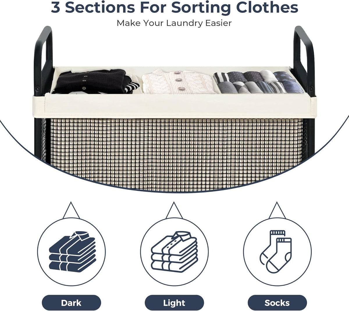 STO STO Laundry Hamper 3 Section, 120L Rolling Laundry Sorter Cart with Removable and Washable