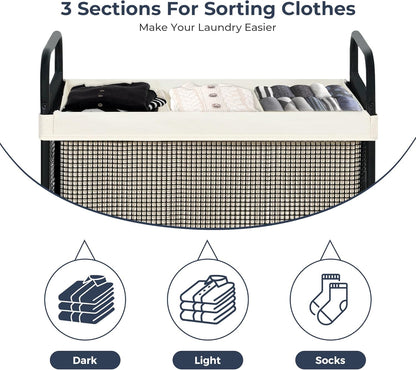 STO STO Laundry Hamper 3 Section, 120L Rolling Laundry Sorter Cart with Removable and Washable
