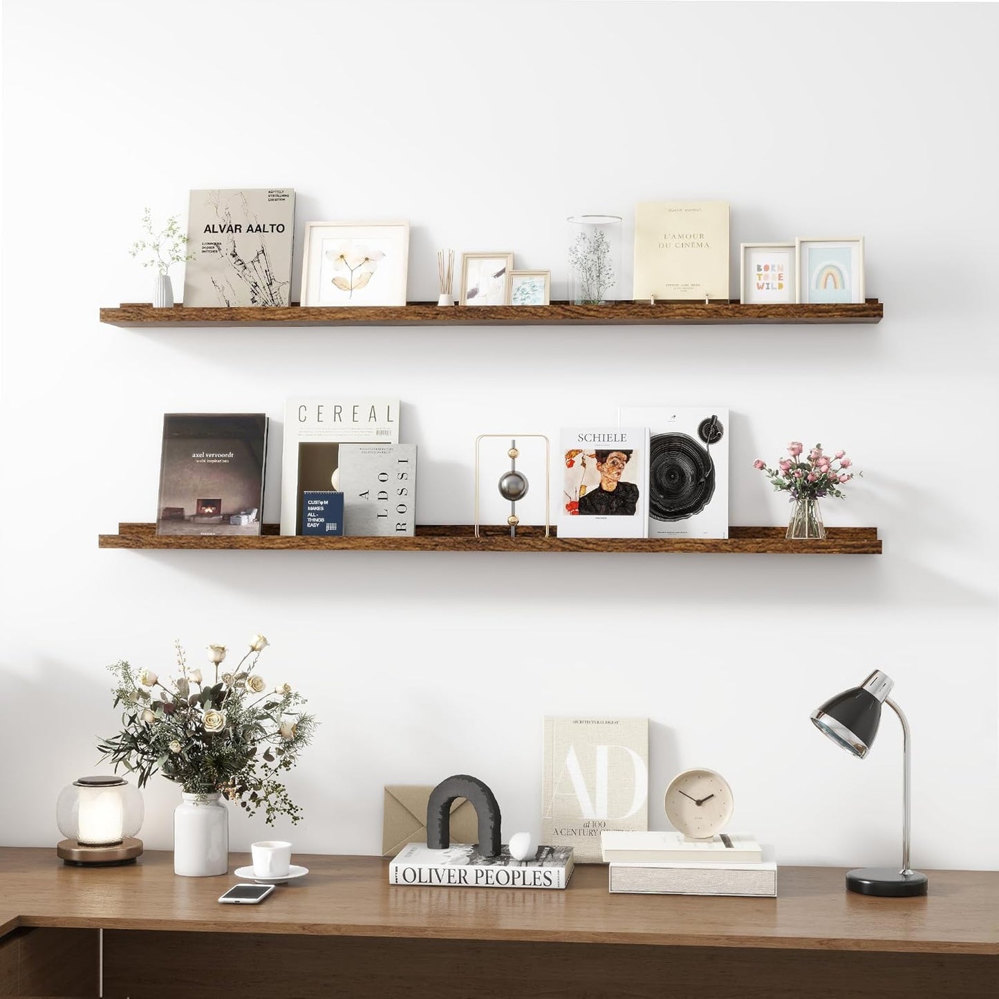 Picture Ledge Shelf, Wood Long Floating Shelves for Wall, Set of 2, 56 inch Picture Ledge Shelves