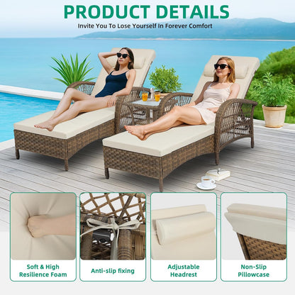 VIVIJASON 3 Pieces Outdoor Wicker Chaise Lounge Chair Set, All-Weather PE Rattan Cushioned Patio