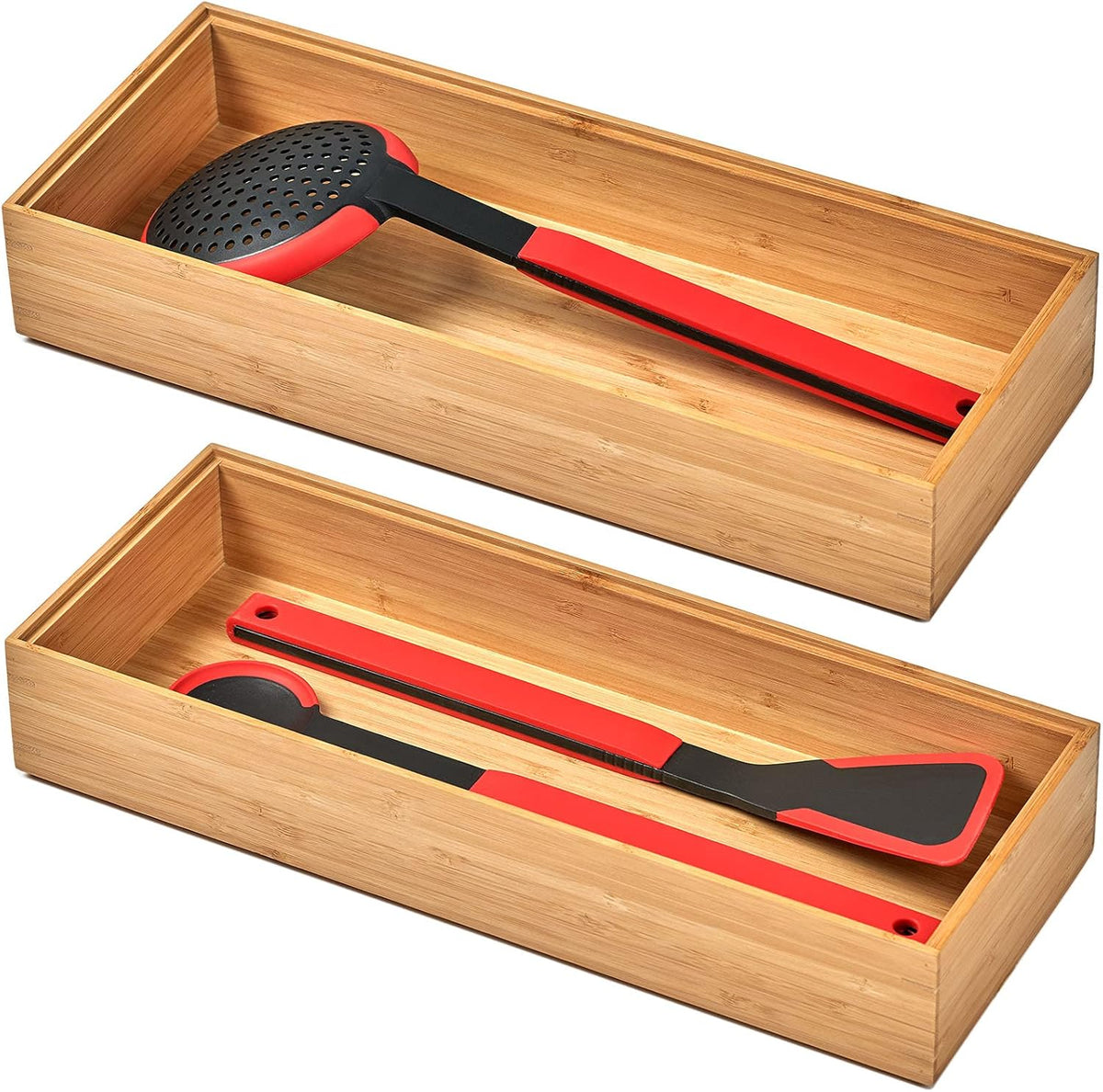 Umilife Bamboo Kitchen Drawer Organizer Boxes with Anti-Skid Silicone Feet, 2pcs Stackable Storage