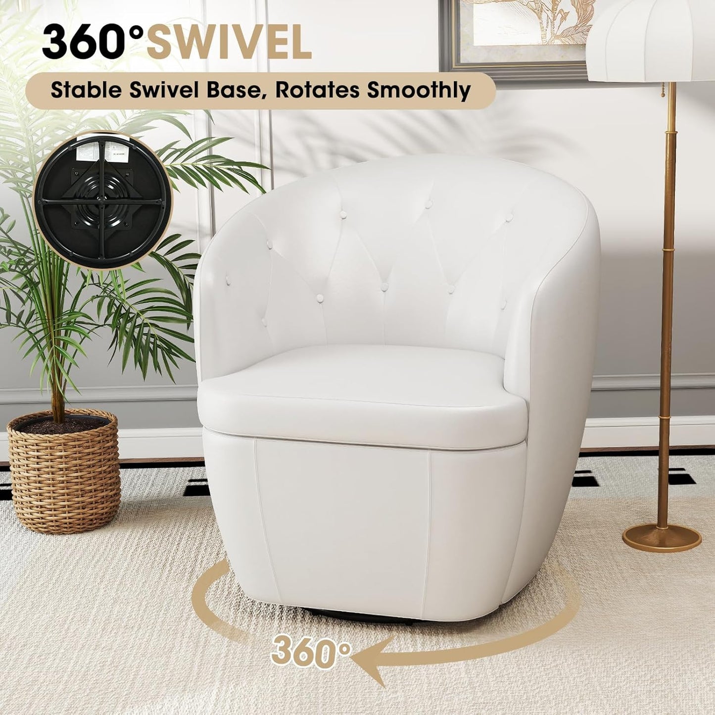 360° Swivel Leather Accent Chair, Modern Barrel Club Chair with Leather Upholstery and Sturdy Base