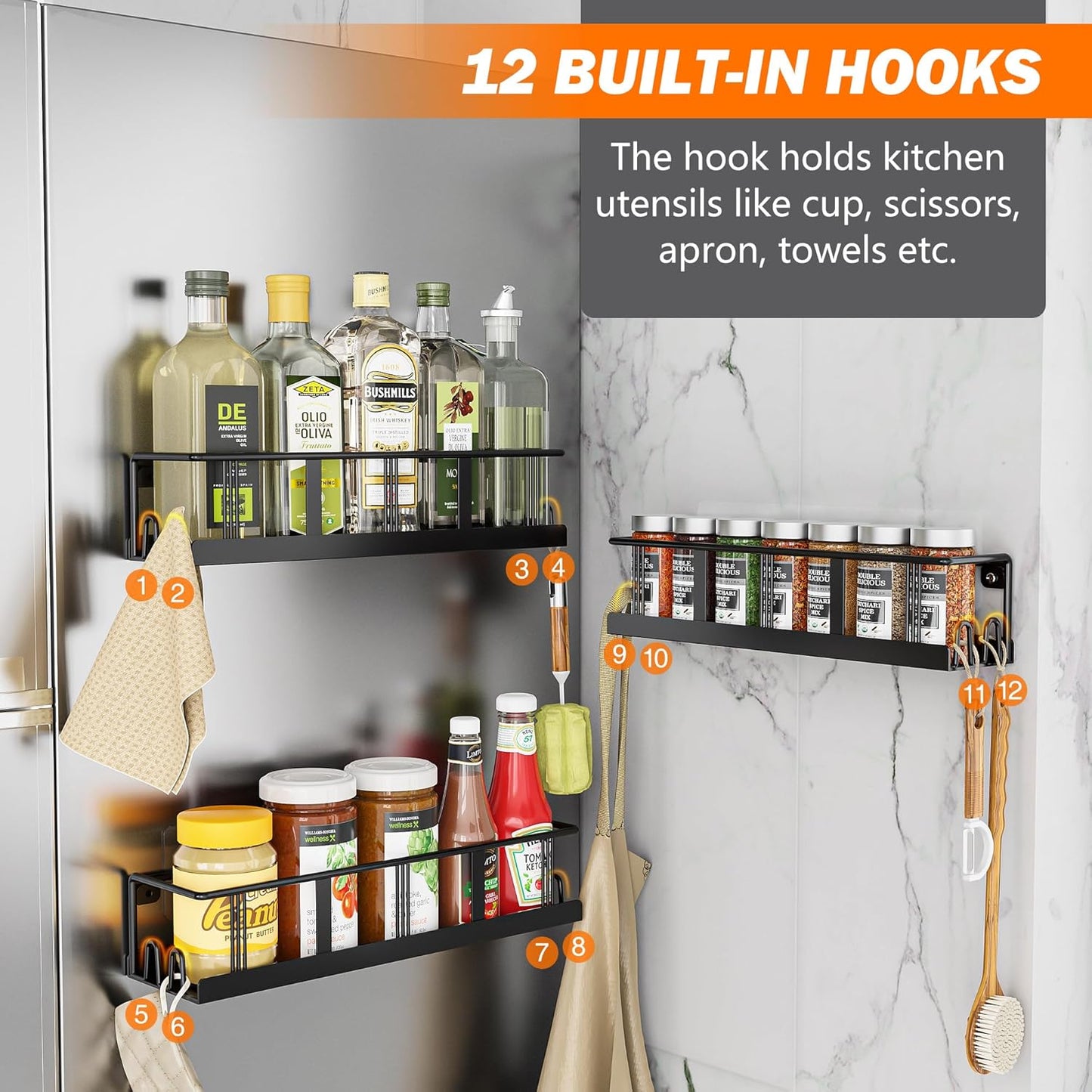 Spice Rack Wall Mounted 2 Pack, Space-Saving Spice Organizer for Spice Jars and Seasonings,Screw or