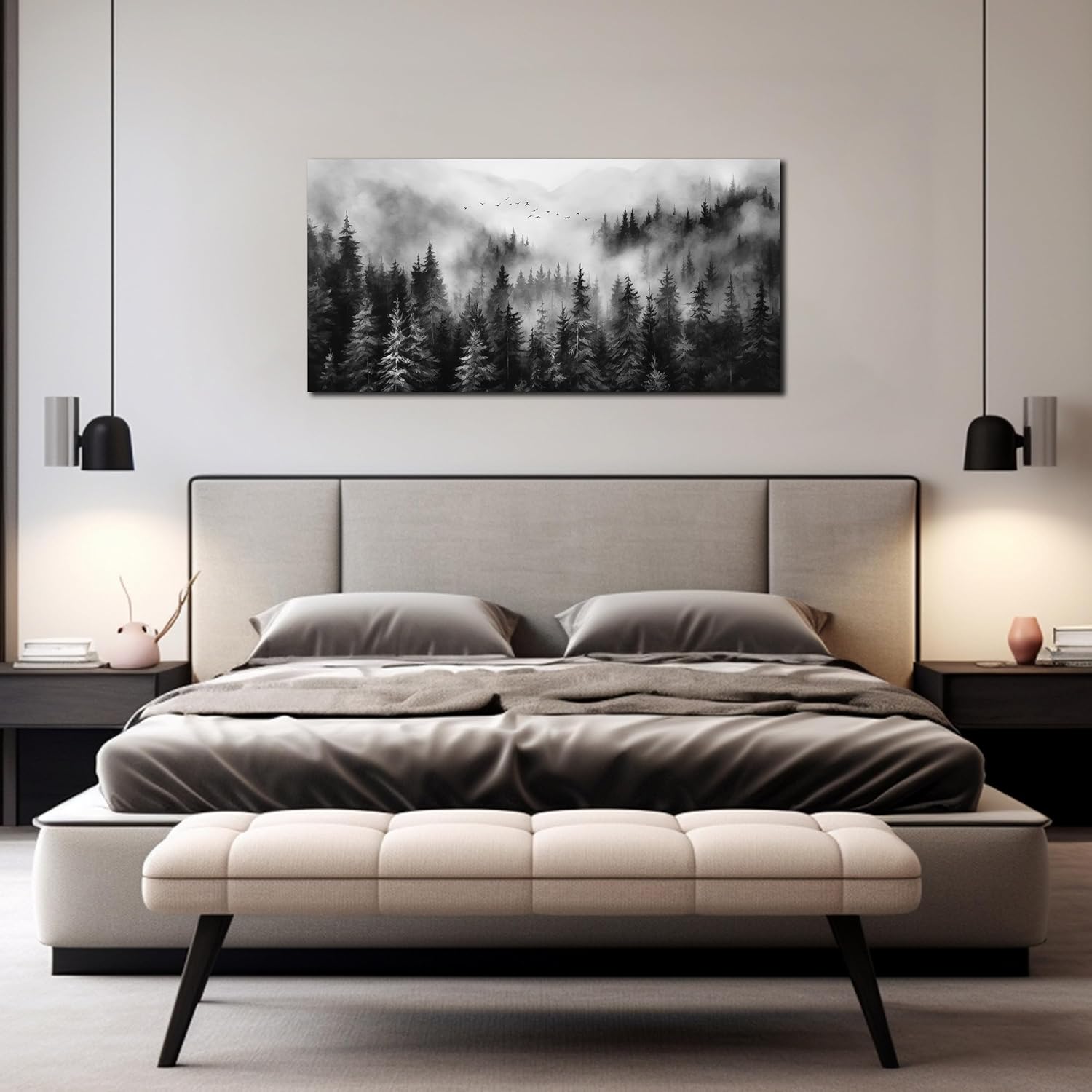 Foggy Forest Wall Art for Living Room,Black and White Pictures for Wall,Tree Wall Decor for Bedroom