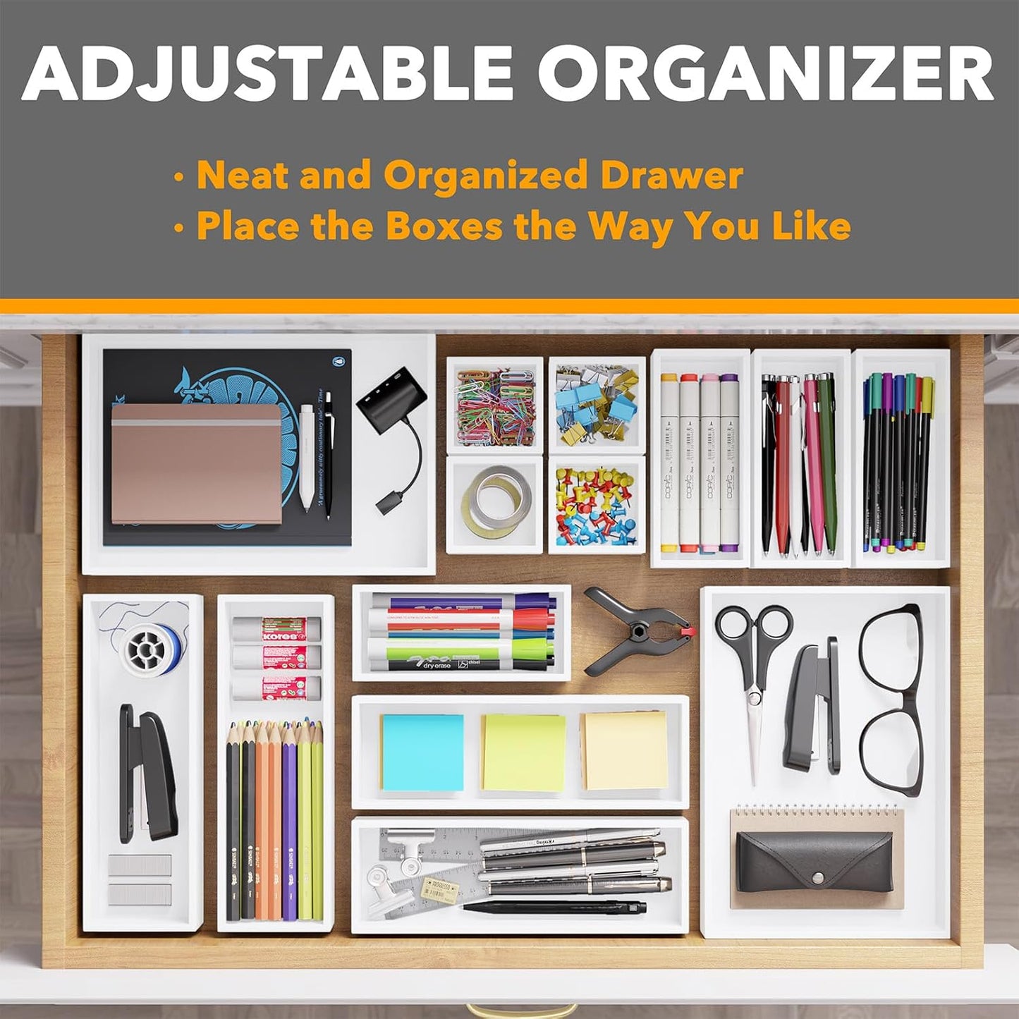 SpaceAid 14-Piece Bamboo Drawer Organizer Storage Boxes Set, Wood Tray Junk Drawer Organizers