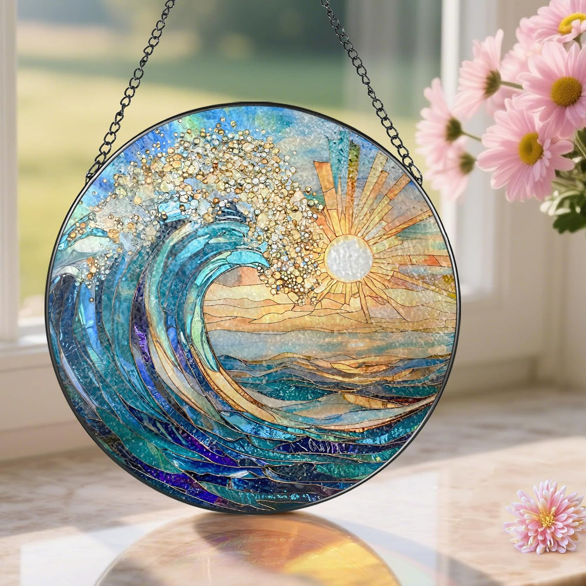 Sea Wave Stained Glass Suncatcher, 8 Inch Ocean Suncatchers for Window Hanging, Beach Lover Gifts