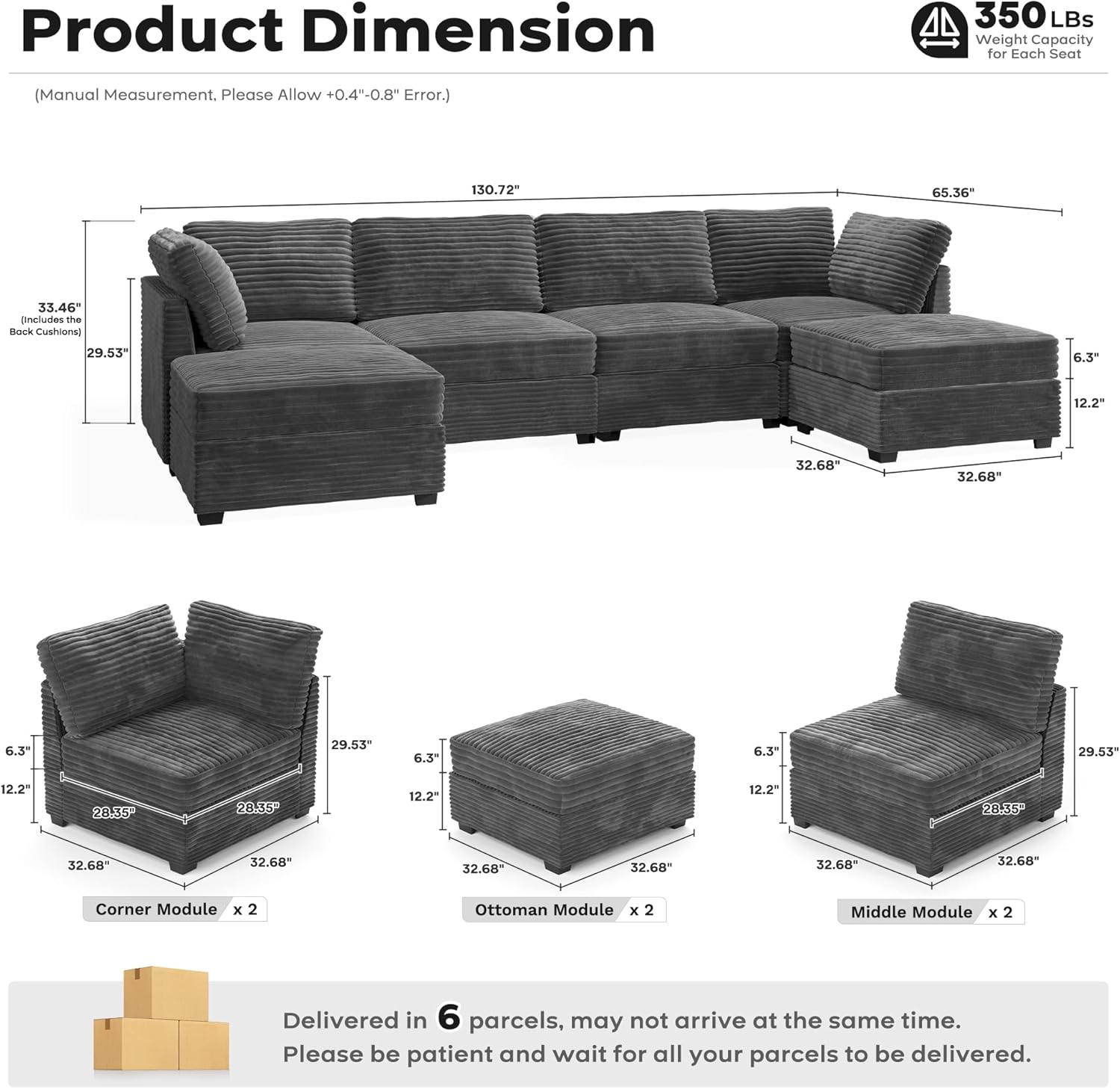 ovios Sectional Sofa Couch with U-Shape Chaise Ottomans, Comfy Modular Cloud Couches with Deep