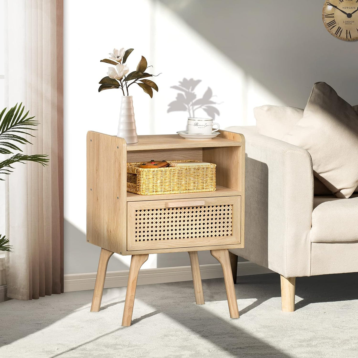 Lerliuo Rattan Nightstands Set of 2, Boho Side Table with Drawer Open Shelf, Cane Accent Bedside