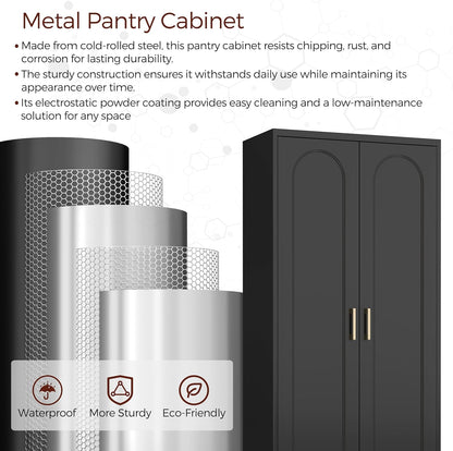 71" Tall Metal Pantry Cabinet with 4 Adjustable Shelves and Gold Handles Heavy-Duty Steel Storage