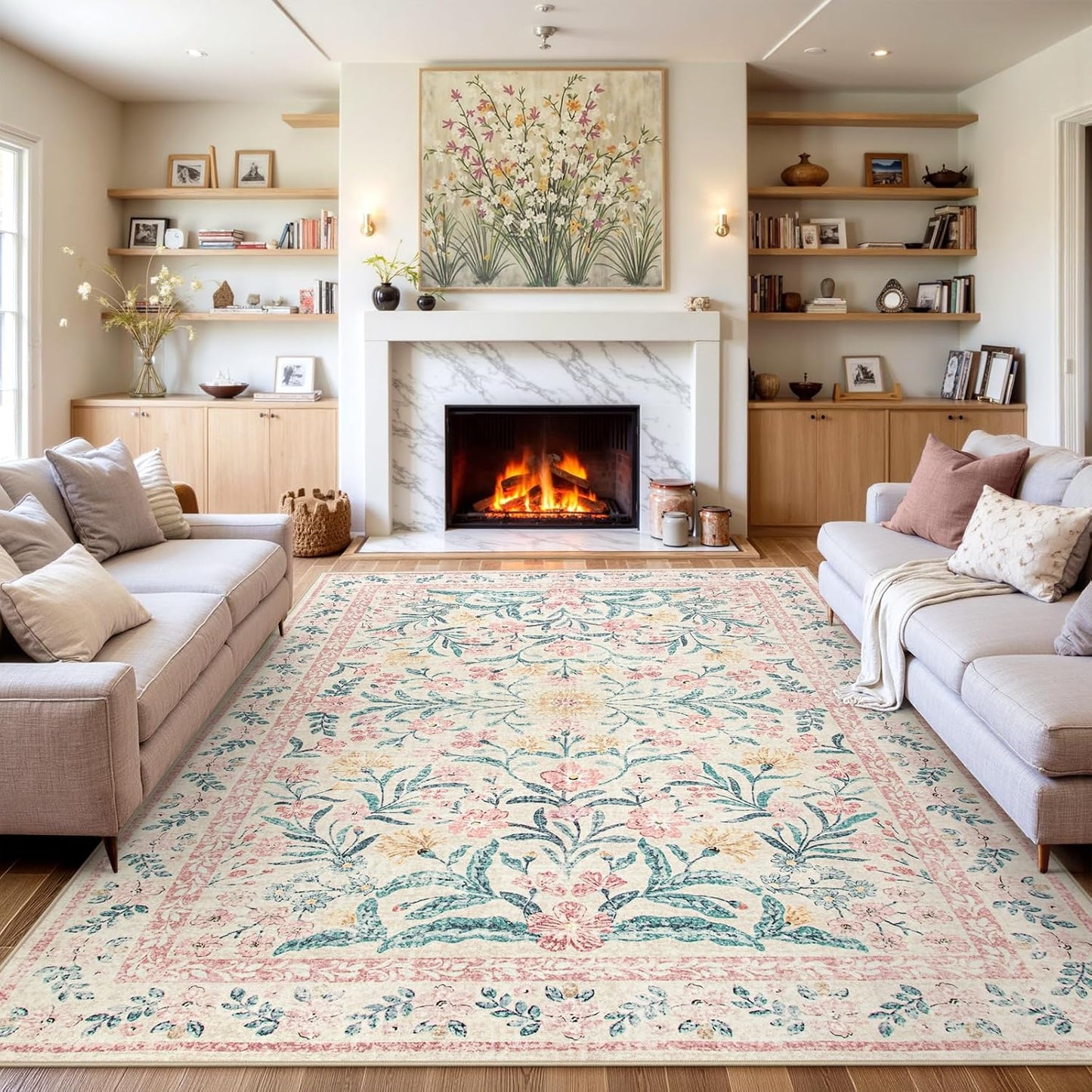 Wonnitar Machine Washable 10x14 Area Rugs, Large Living Room Rug Floral Pink and White Carpet, Boho