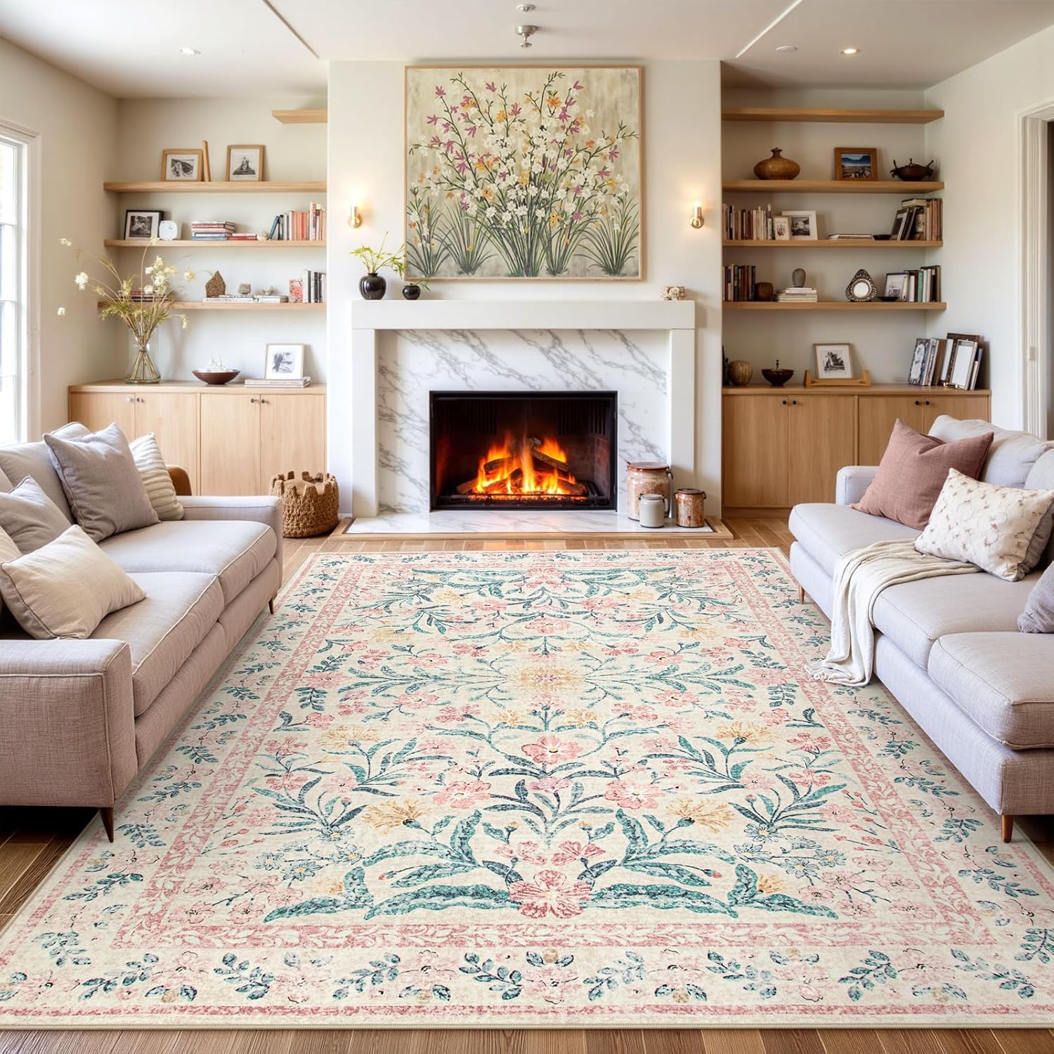 Wonnitar Machine Washable 10x14 Area Rugs, Large Living Room Rug Floral Pink and White Carpet, Boho