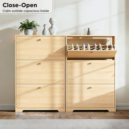 Nicetree Shoe Cabinet with 3 Flip Drawers, Entryway Storage, Natural Oak
