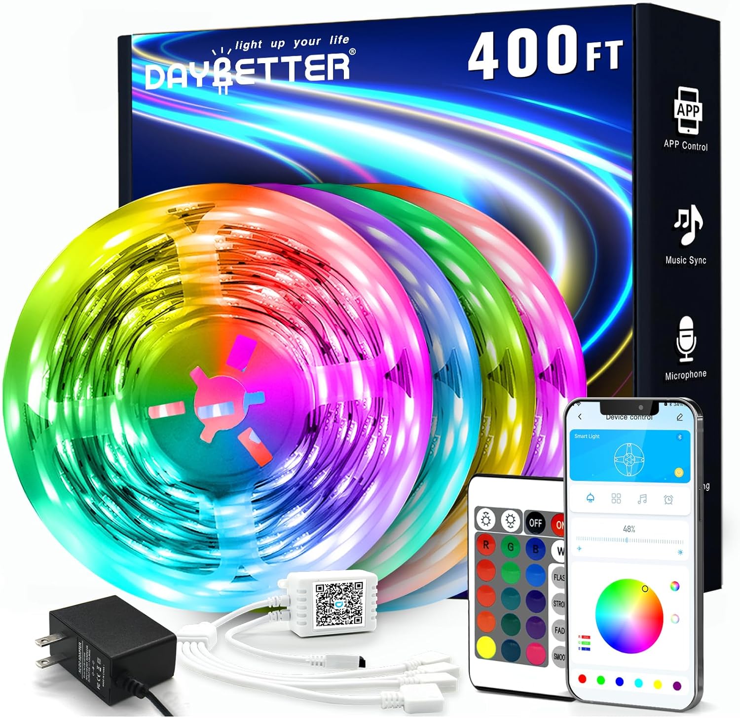 DAYBETTER Led Strip Lights 400 ft (4 Rolls of 100 ft) Color Changing Lights Strip for Bedroom