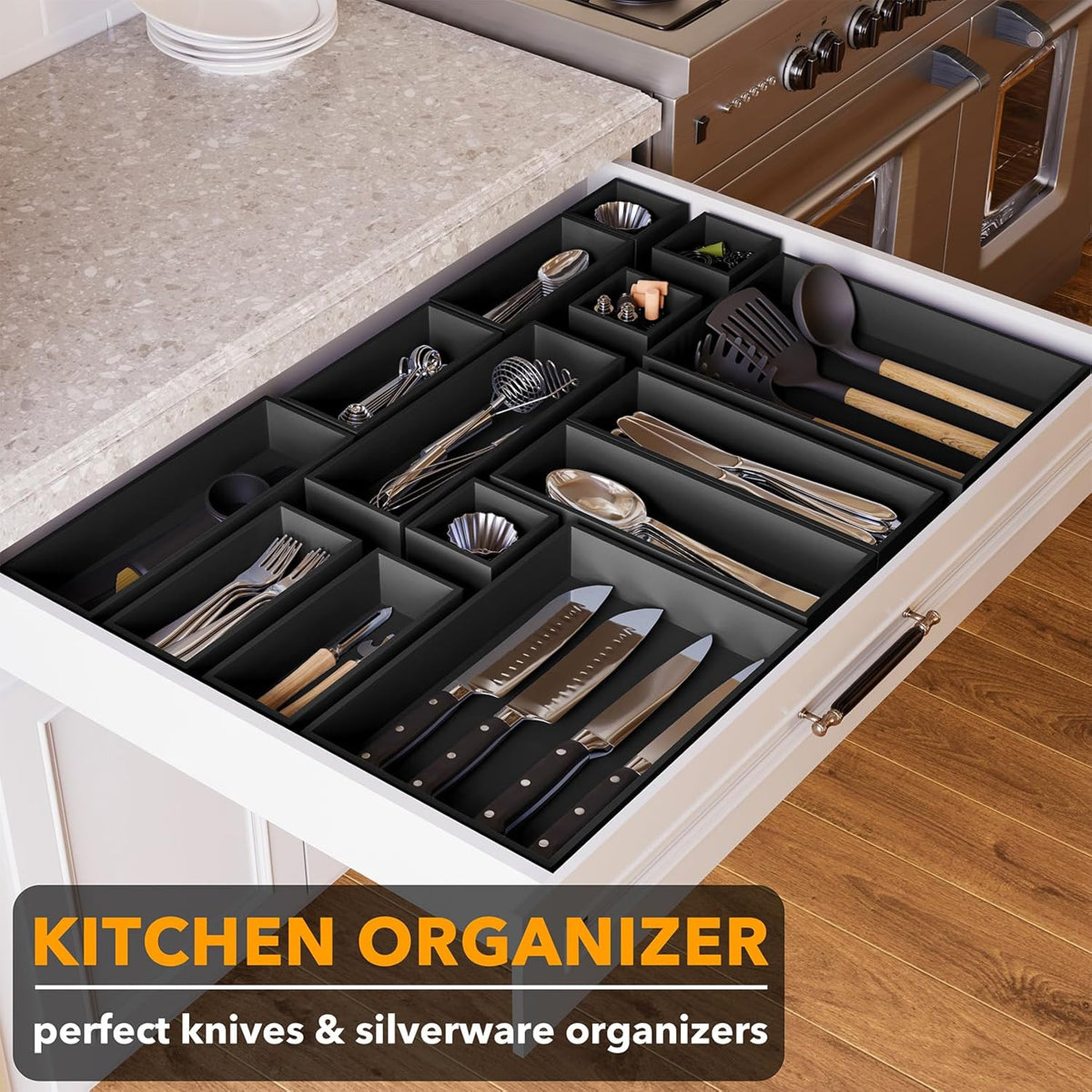 SpaceAid 14-Piece Bamboo Drawer Organizer Storage Boxes Set, Wood Tray Junk Drawer Organizers