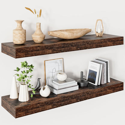Heimlove 32 Inch Floating Shelves for Wall,Rustic Brown 9.3" Deep Floating Shelf Set of 2,Wall