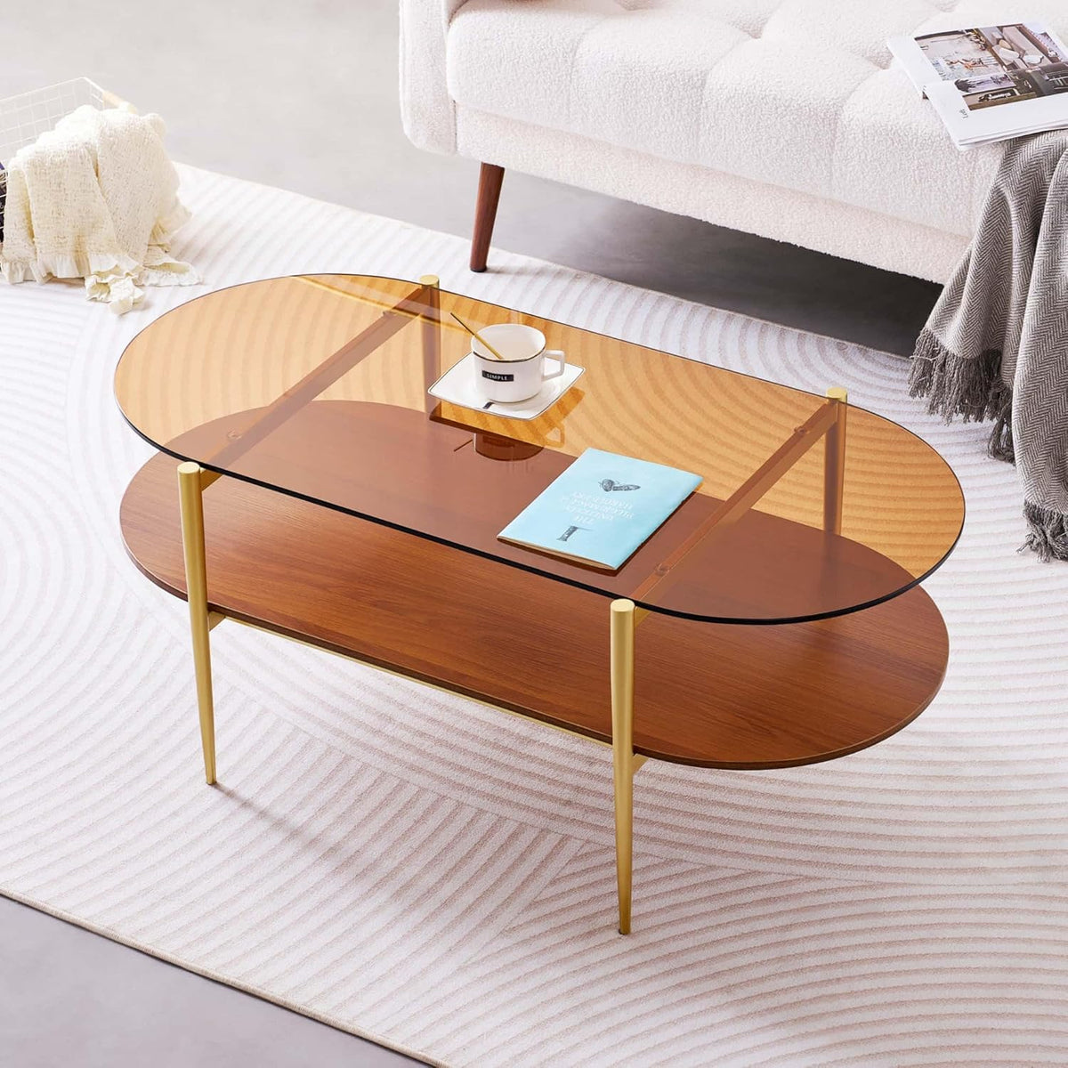 Oval Glass Coffee Table, Mid-Century Modern Design, L41 x W21 x H17 inch, for Living Room, 2-Tier