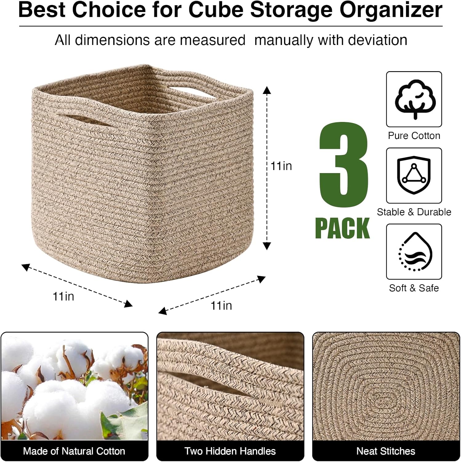 11 Inch Cube Storage Bins, Storage Cube Organizer Bins, Woven Cotton Rope Baskets for Storage