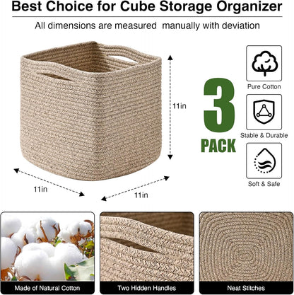 11 Inch Cube Storage Bins, Storage Cube Organizer Bins, Woven Cotton Rope Baskets for Storage