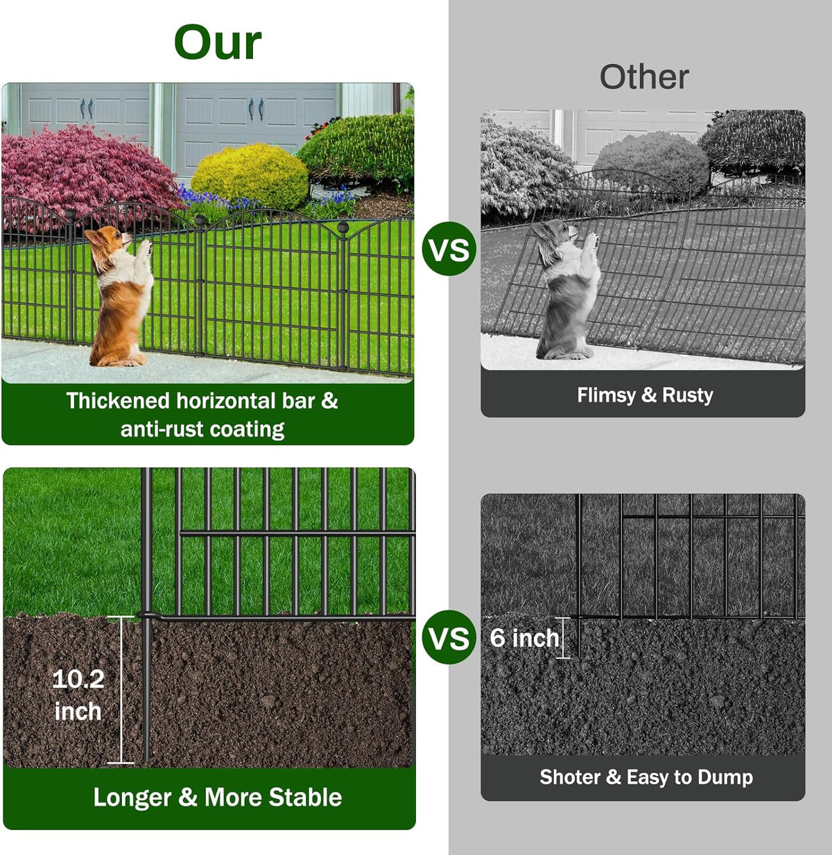 10 Panels No Dig Decorative Garden Fence Animal Barrier - 24 in (H) x 20 ft (L) - Dog Fence Outdoor