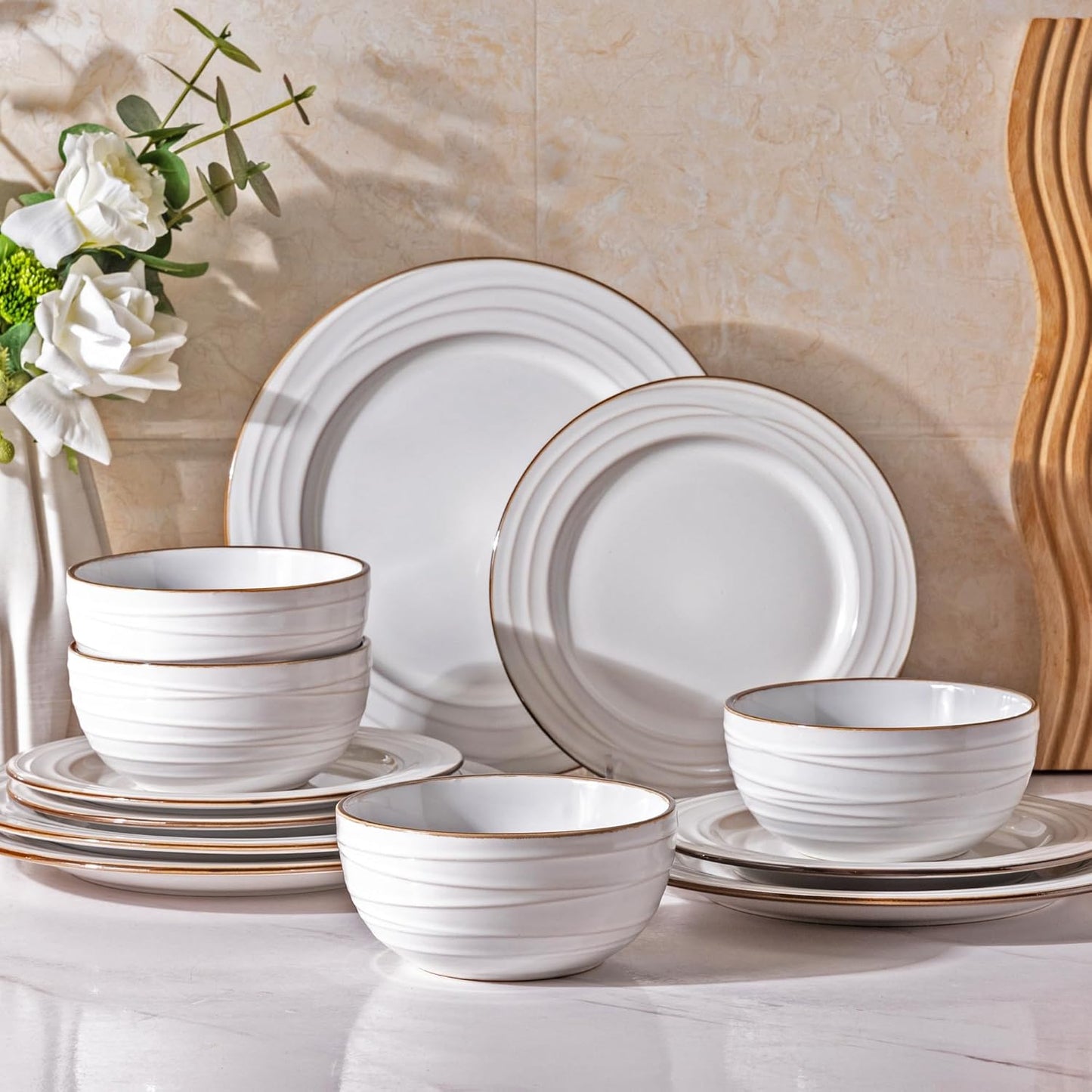 GBHOME Ceramic Dinnerware Sets,12 pcs Embossed Elegant Stoneware Plates and Bowls Sets