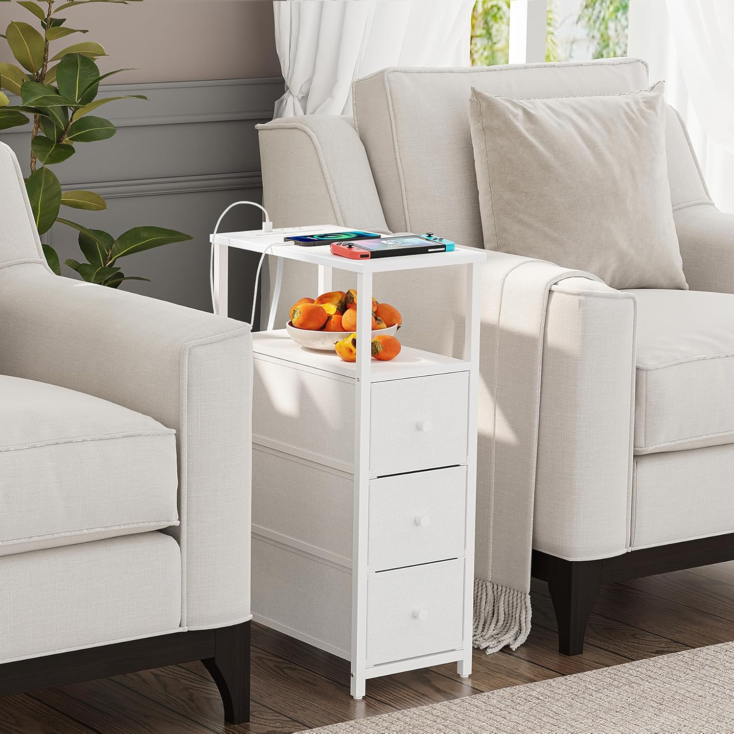 TUTOTAK Narrow Night Stand with Charging Station, Slim End Table with Plugins, Tall Side Table with
