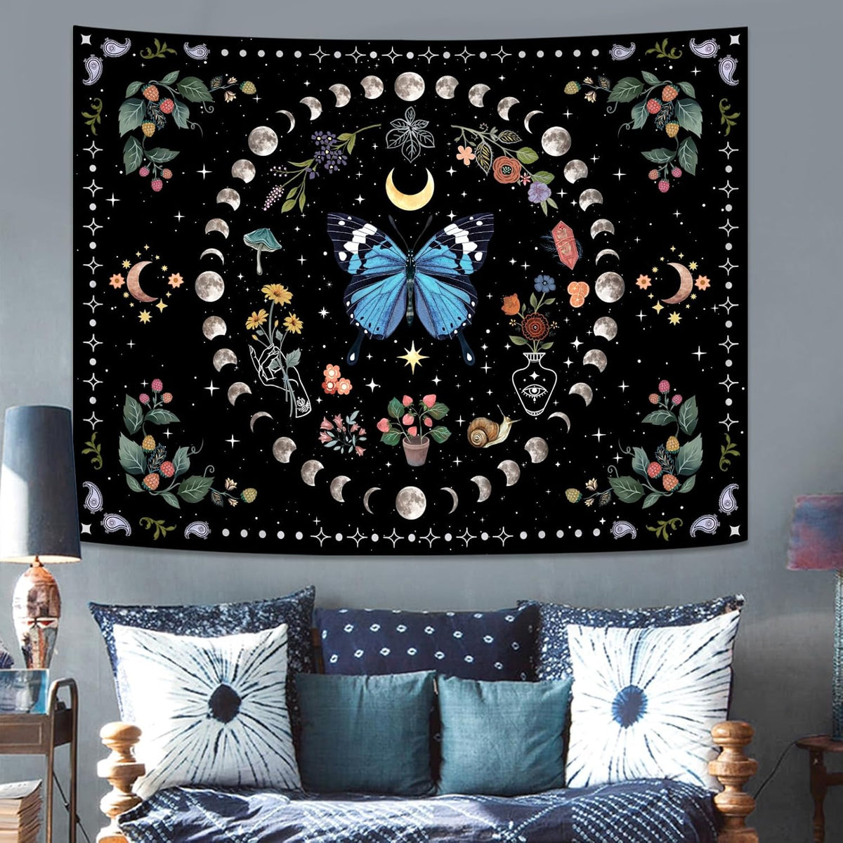 Aipon Blue Butterfly Moon Flower Tapestry Botanical Boho Plant Floral Wall Hanging for Bedroom and