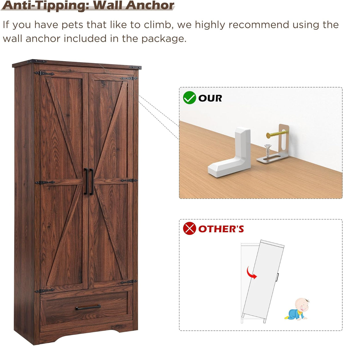 72" Tall Wood Storage Cabinet, Farmhouse Kitchen Pantry Cabinet with Adjustable Shelves & Drawer &