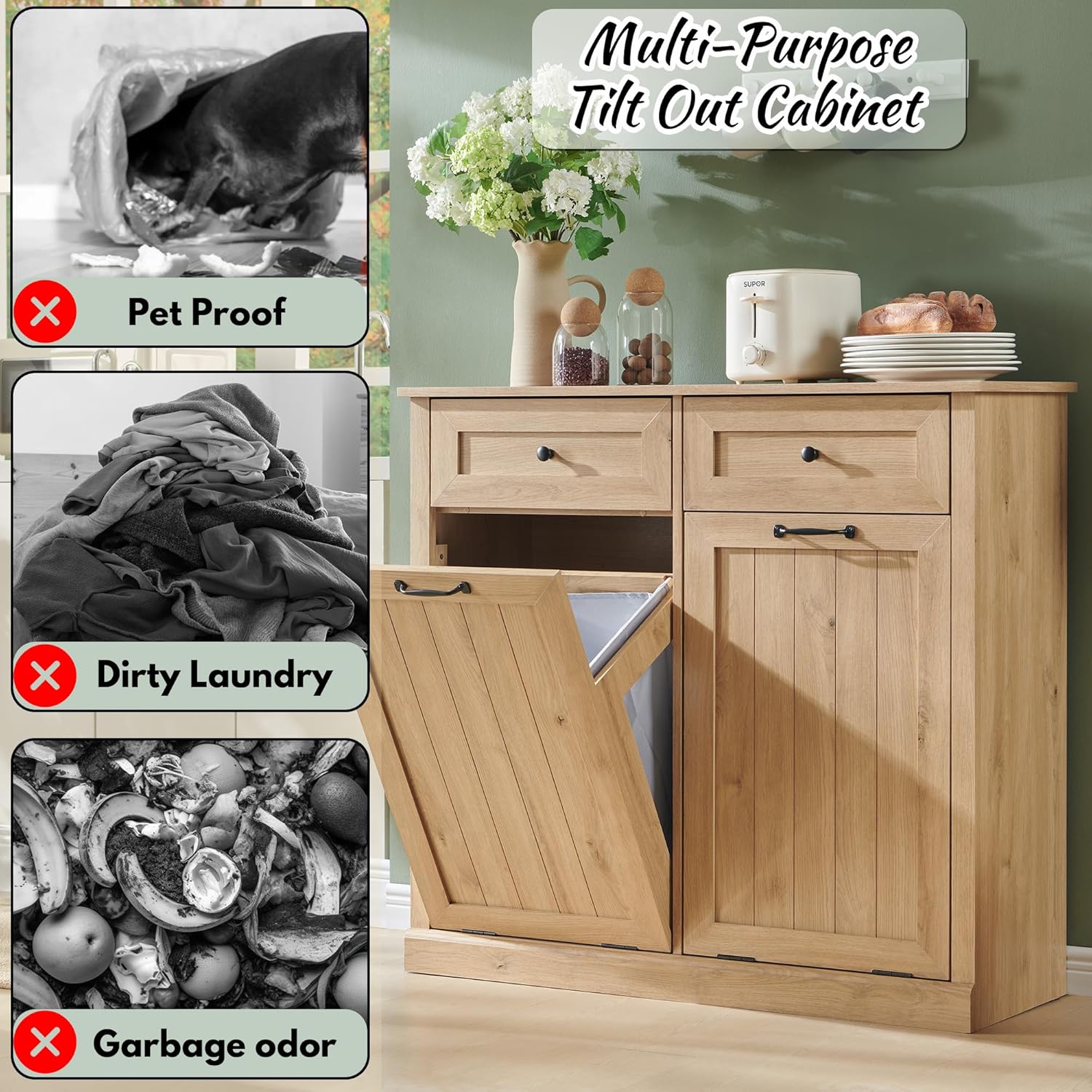 Double Tilt Out Laundry Hamper Cabinet, 20 Gallon Farmhouse Trash Can Cabinet with Drawer, Hidden