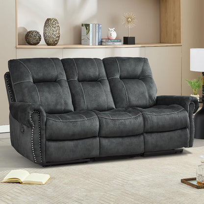 EBELLO Manual Recliner 3 Seat Sofa Couch, Soft Fabric 3 Seater Reclining Couch Chair, Vintage Rivet