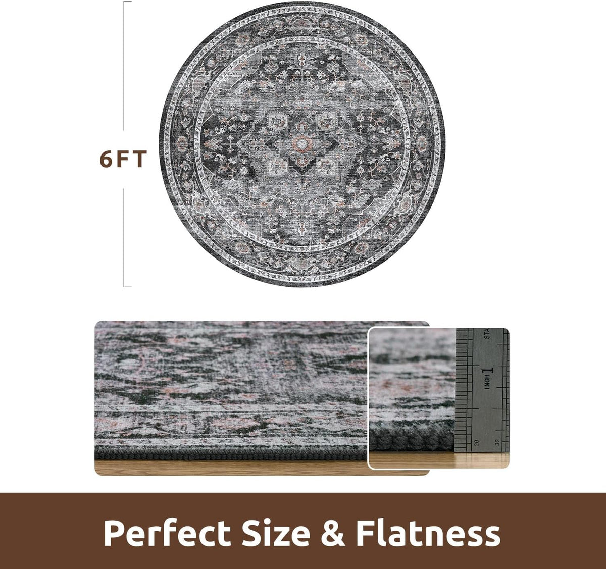 AMOAMI-6FT Round Rug-Rugs for Living Room-Vintage Soft Black Rugs for Bedroom-Non Slip Circle