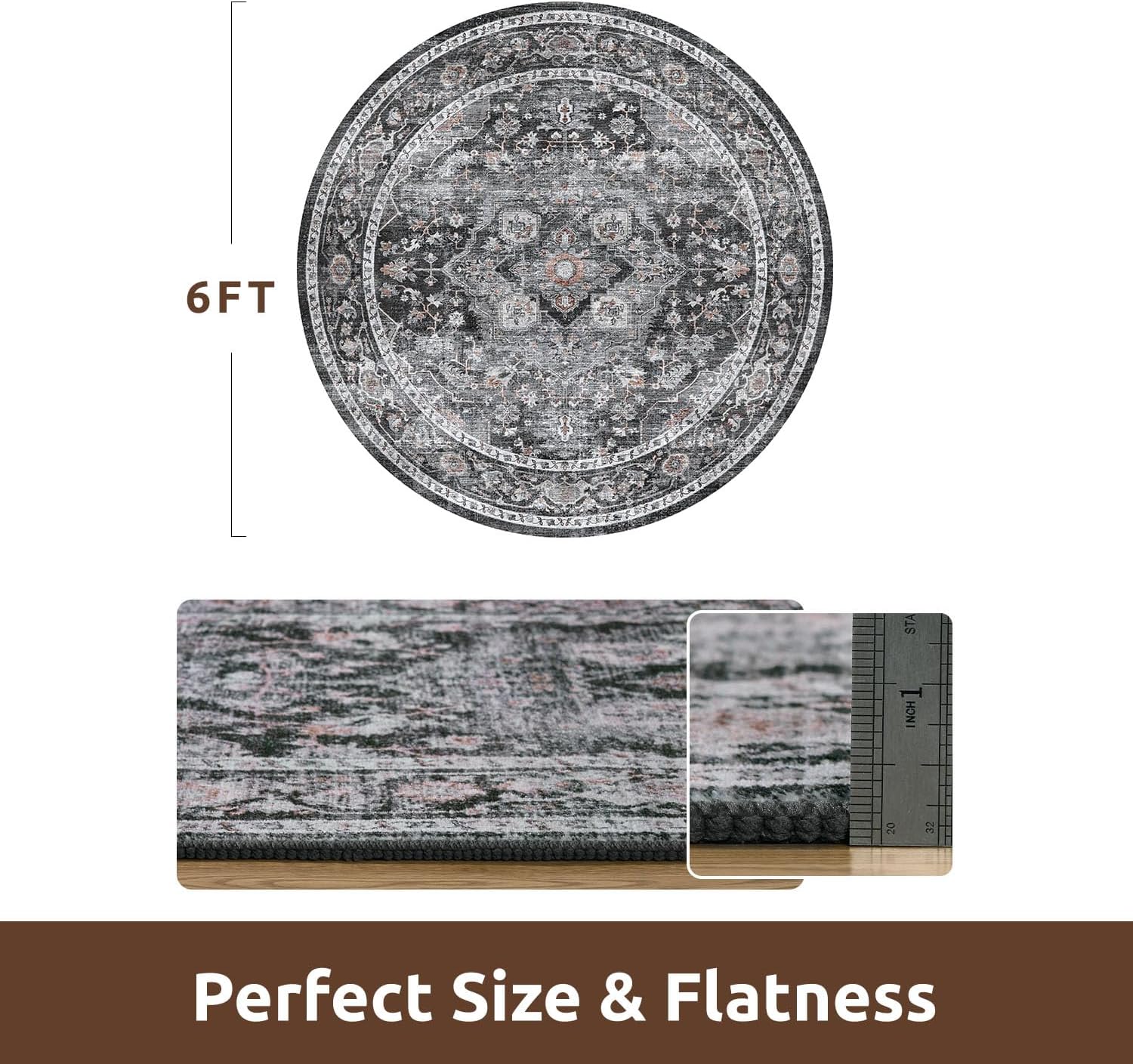 AMOAMI-6FT Round Rug-Rugs for Living Room-Vintage Soft Black Rugs for Bedroom-Non Slip Circle