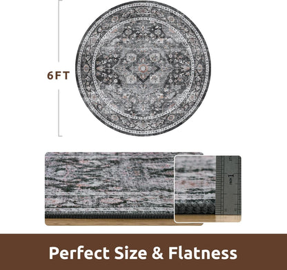 AMOAMI-6FT Round Rug-Rugs for Living Room-Vintage Soft Black Rugs for Bedroom-Non Slip Circle