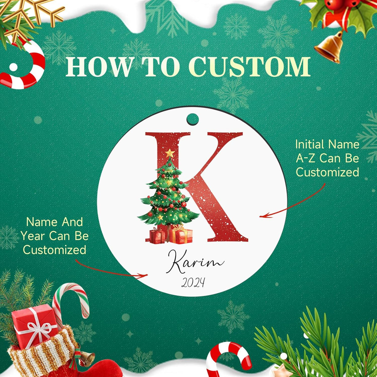 Personalized Christmas Ornaments 2025 Wood Custom Name Date Initial A-Z Monogram Christmas Ornament