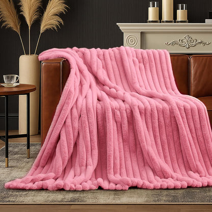 Amélie Home Faux Fur Throw Blanket for Couch, Cozy Fuzzy Fluffy Fur Luxurious Soft Striped Plush