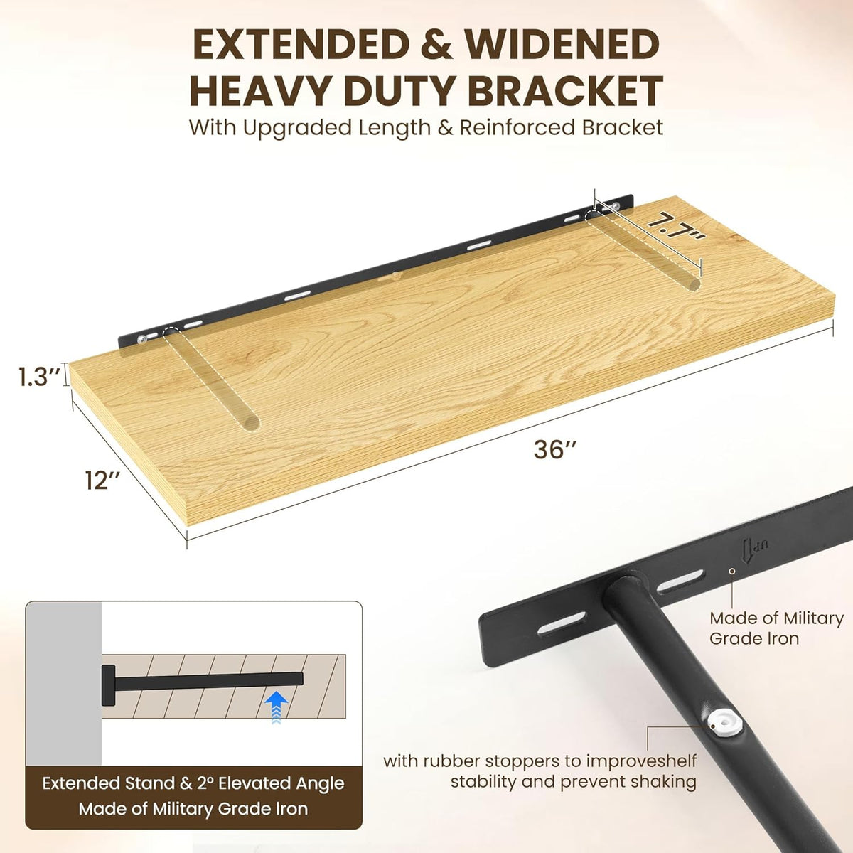 36" Floating Shelves for Wall, 12" Deep Slim Oak Floating Shelves, Wall-Mounted Shelves for