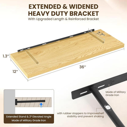 36" Floating Shelves for Wall, 12" Deep Slim Oak Floating Shelves, Wall-Mounted Shelves for