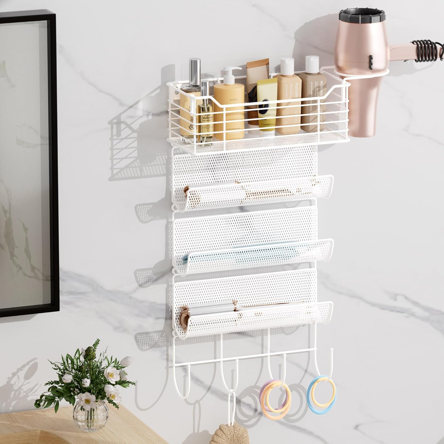 VITVITI Metal Hair Tool Organizer Wall Mount, Hair Dryer Holder with 4 Tier Shelf Basket Hooks