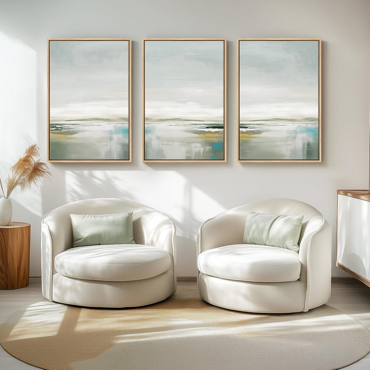 Large Framed Green Abstract Landscape Wall Art for Living Room, 3 Piece Canvas Prints Paintings