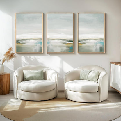 Large Framed Green Abstract Landscape Wall Art for Living Room, 3 Piece Canvas Prints Paintings